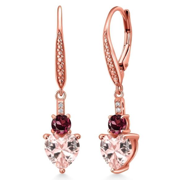 18K Rose Gold with 3.27 Cttw Peach Morganite and Rhodolite Garnet Heart Earrings